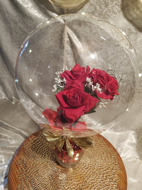 3 Rose bouquet -Floating Flower Romantic Floral Keepsake 💐 Floral Light Balloon in a glass vase